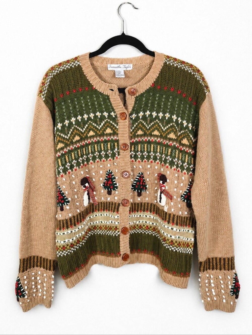 Vintage Samantha Taylor Christmas Cardigan Snowman Tree Cottagecore Grandma M